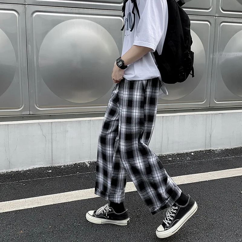 Casual Pants Men Straight Harajuku Streetwear Korean Style Plaid Ankle-length Elastic Waist Students Trousers All-match Retro Casual Pants