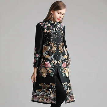 

Chinese National Style Trench Women Spring Retro Swan Flower Embroidery Knee-length Long Elegant Trench Coat Plus Size