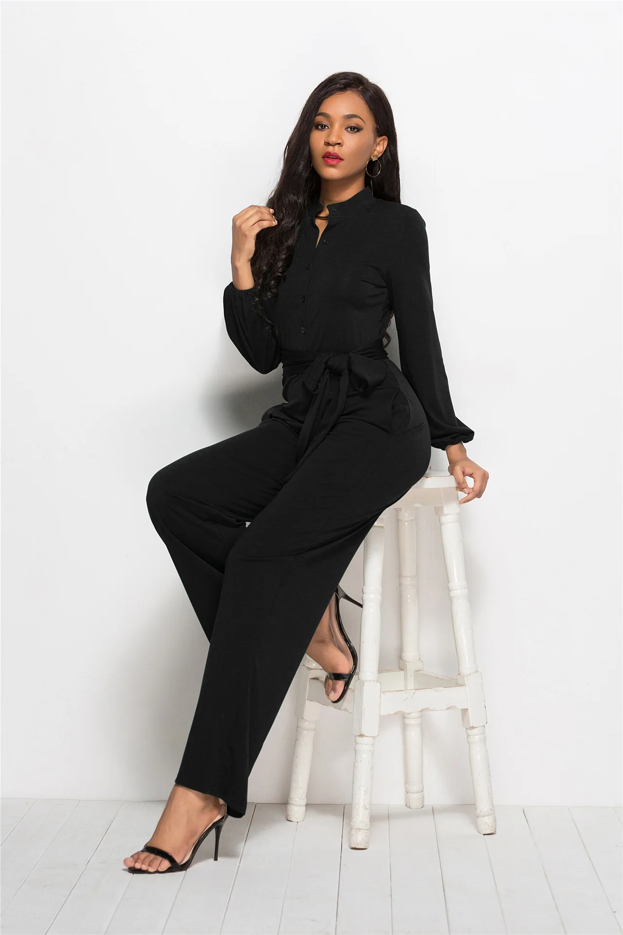 Осенне-зимние женские модные элегантные рабочая одежда с длинным рукавом офисные вечерние комбинезоны повседневные черные однотонные широкие комбинезоны с карманами