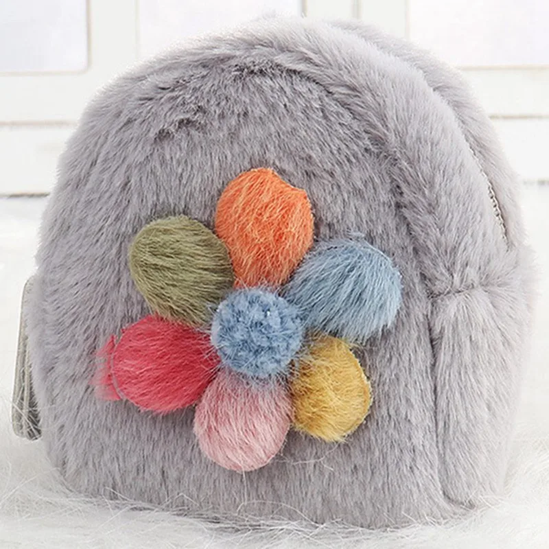 1Pcs Plush Wallet Girl Faux Fur Plush Bag Girl Princess Bag Female Decorative Flower Ball Plush Purse