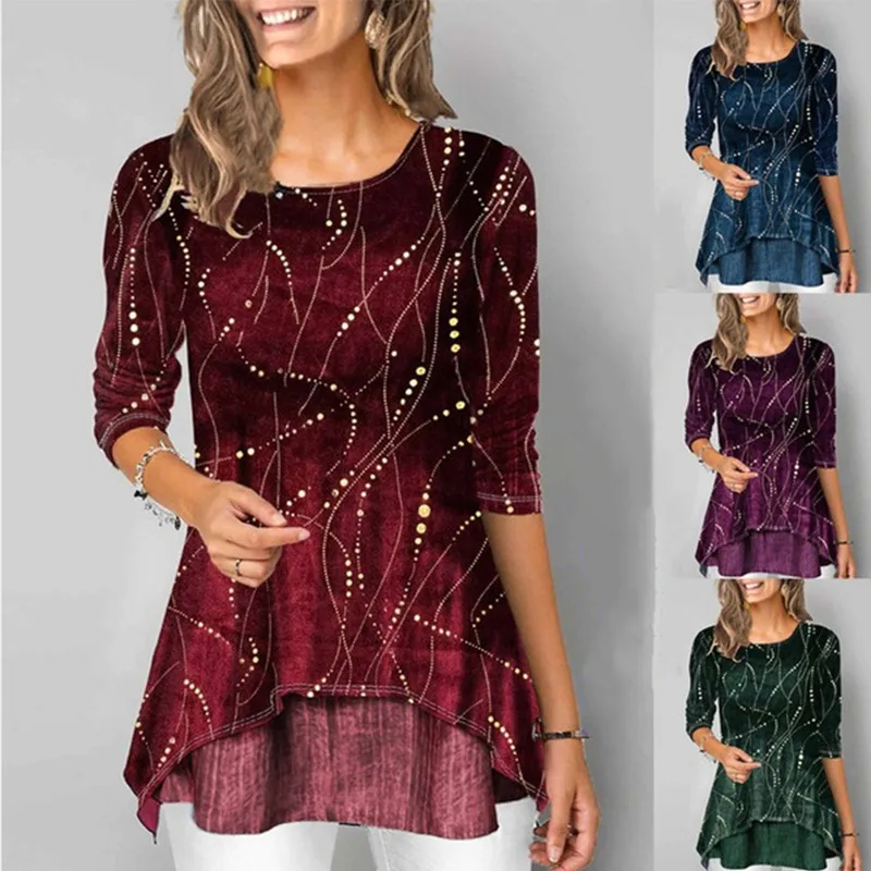 

Summer 2020 New Plus Size 5XL O Neck 3/4 Sleeve Women's Tunics Dot Print Female Tunic Blouses Casual Irregular Hem Lady Shirt