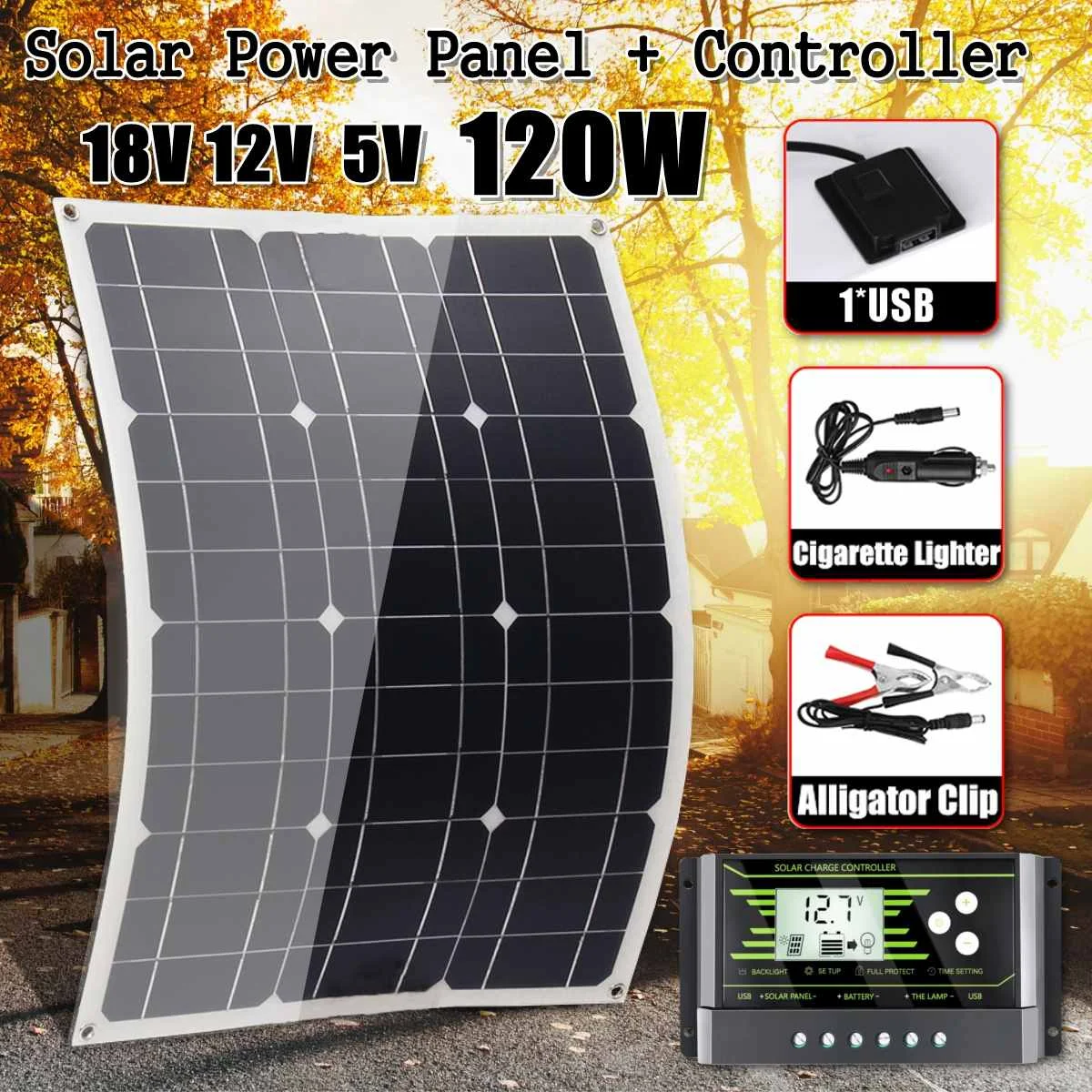 

Hot 120W 18V Mono Solar Panel Dual USB 12V/5V DC With 10/20/30A Solar Controller Flexible Solar Charger For Car RV Boat