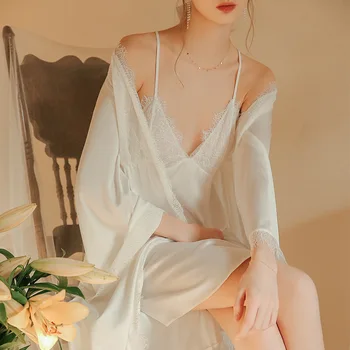 

Silk Night-wear Women Autumn Cotton Night Robe Sexy Lace Suspenders Nightdress Two-piece Casual Solid Long-sleeved Home Wear New