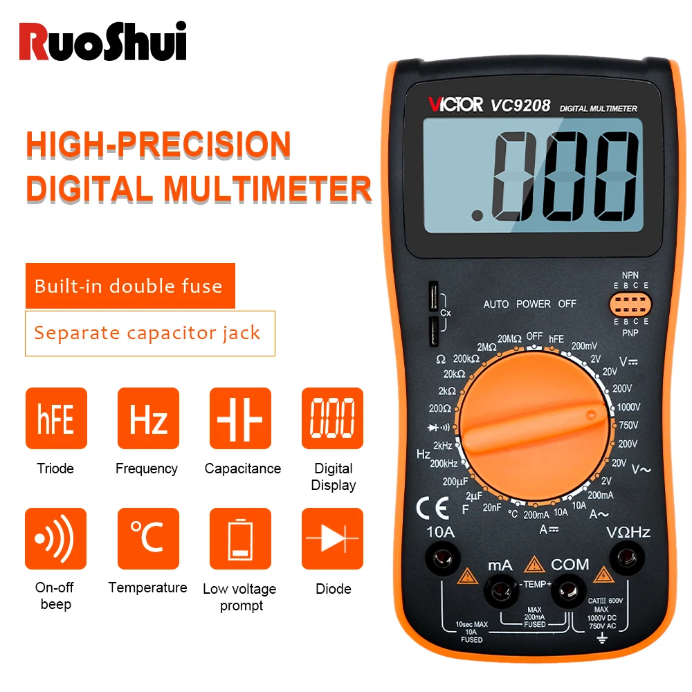 Профессиональный мультиметр VC9208 AC/DC 750V 1000V LCD цифровой мини-мультиметр зонд для