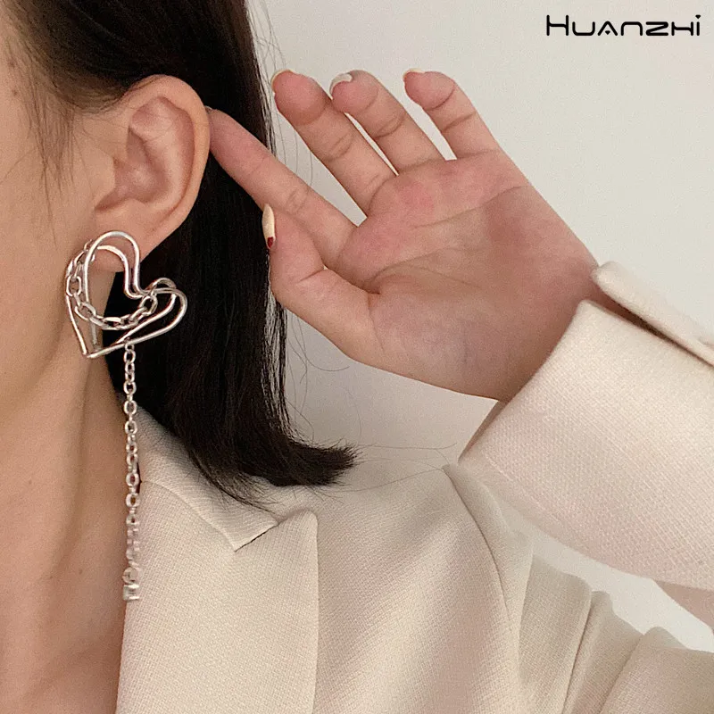 HUANZHI 2020 New Korean Version Personality Hip Hop Punk Stainless Steel Heart Tassel Chain Earring for Women Girl Jewelry | Украшения и