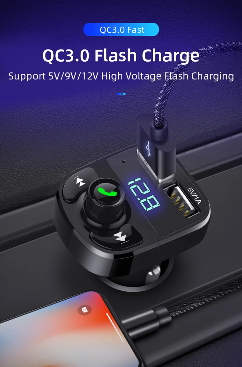 MP3-плеер Bluetooth Dual USB быстрое автомобильное зарядное устройство QC 3,0 для телефона в автомобильном комплекте Bluetooth fm-передатчик модулятор аудио Автомобильное зарядное устройство