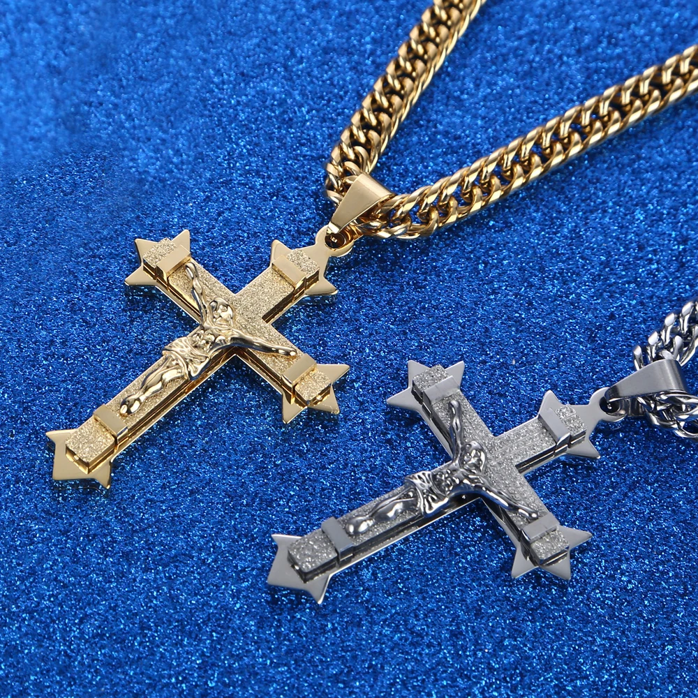 Cross Christ Jesus Pendant Necklace Stainless Steel Link rolo Chain Heavy Men Mascot Jewelry Lucky Symbol Gift