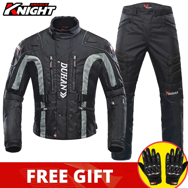 DUHAN Motorcycle Jacket Pants Suit Waterproof Racing Jacket Protective Motocross Lining Four Seasons Motorcycle Jacket Men S-3XL D-023 Black Suit