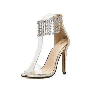 

Summer Newest Woman Shoes Gladiator Luxury Peep Toe Stripper Sandals Thin High Heels Black Crystal Fringe Sexy Stilettos Wedding