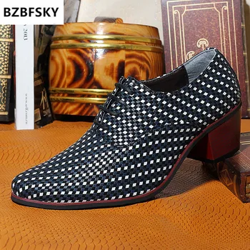 

6cm high heel mens leather shoes knit weave gents fashion leisure party dress shoes man 2.3'' heighten high-heeled mosaic plait