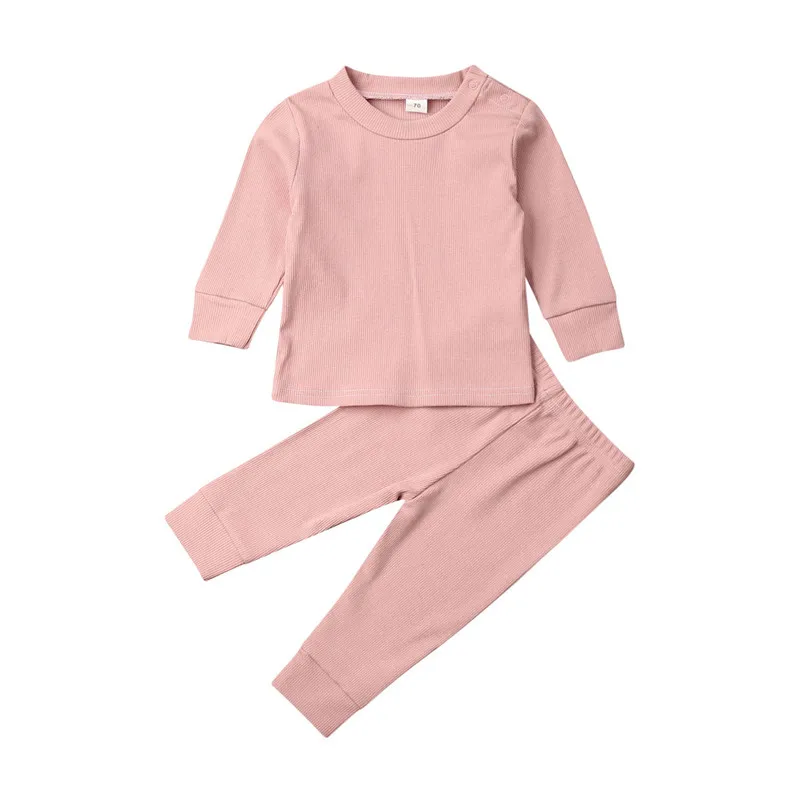 Одежда для новорожденных от 0 до 24 месяцев г., Осенний теплый вязаный Топ для маленьких мальчиков, комплект с длинными штанами, розовый, серый, черный спортивный костюм для девочек - Цвет: Розовый