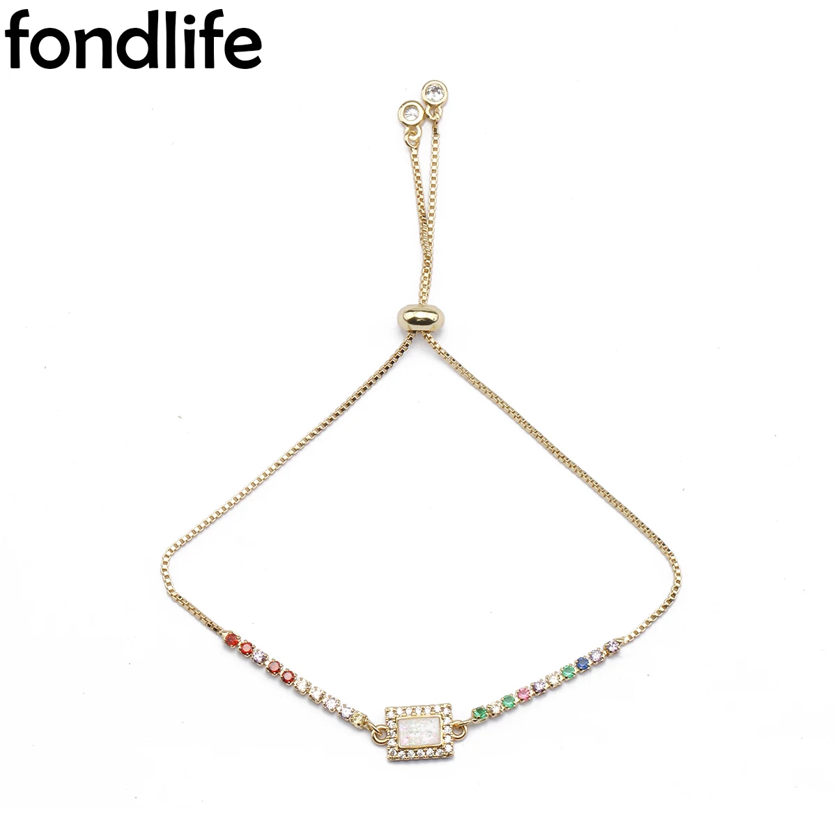 White Starry Sky Amb)Inserto Zircone Opale Bracciale Donna Rettangolo Charm Bangle Placcato In Oro Catena A Maglie Gioielli Presente