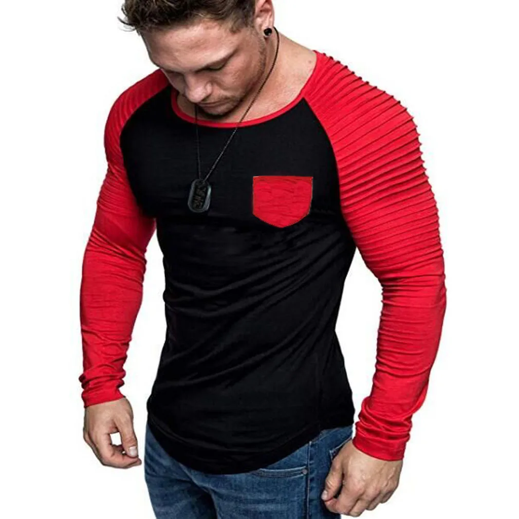 Брендовые Новые мужские футболки, повседневные облегающие футболки с длинными рукавами для спортзала, лоскутные Осенние повседневные модные футболки с карманами, хит - Цвет: Красный
