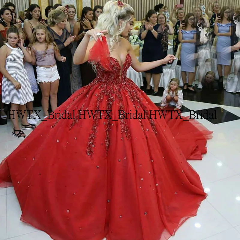 Роскошное бальное платье HWTX_Bridal с бусинами и шлейфом с корсетом из Красного Тюля длинное платье для театрализованного представления вечерние платья для выпускного вечера