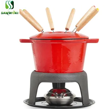 

alchole stove hot pot Enamel coating cast iron fondue chocolate warmer machine cheese melter machine swiss cheese fondue pot