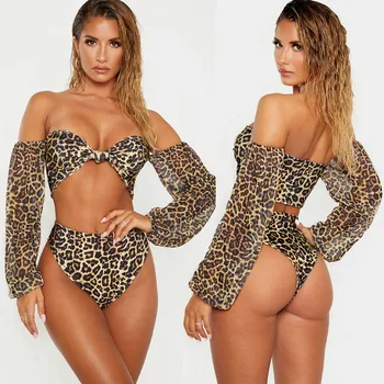 

#Z35 Off Shoulder Women's Bikini Set Leopard Sexy Bikini 2020 Sexy High Waist Long Sleeve Swimsuit Bikini Sets Swimwear Women