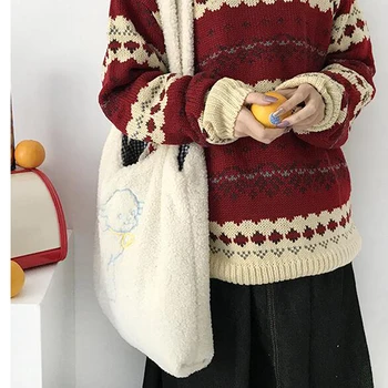 

Large Capacity Casual Storage Bag Cute Lamb Cashmere Dog Embroidery Shopping Bag Beige Wild Simple Student School Bags