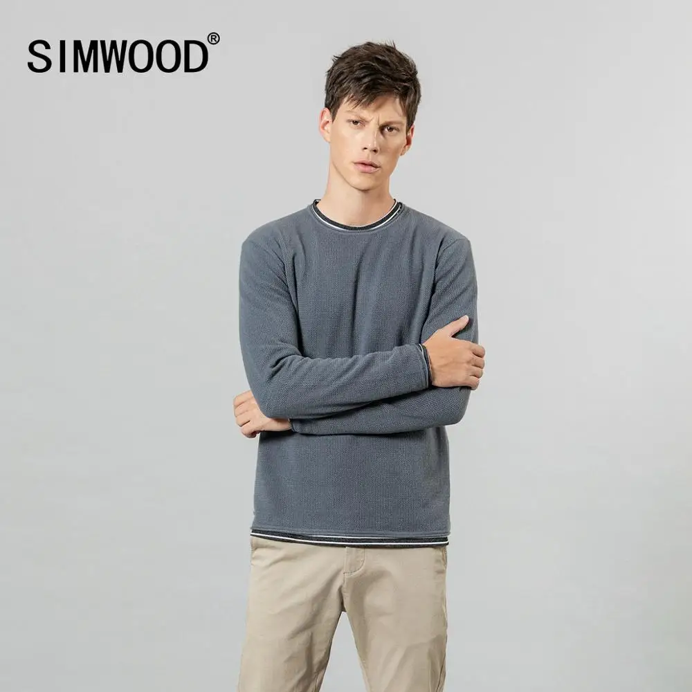 

SIMWOOD 2019 autumn winter new double layered sweater men contrast color striped Knitted Pullovers basic quality clothes 584