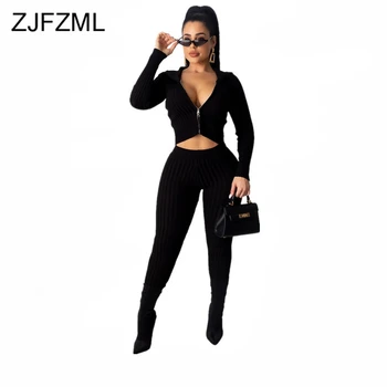

Causal Solid Ribbed Two Piece Set Sweat Suits Women V-Neck Full Sleeve Zipper Crop Tops + Pencil Pants Plus Size Fall Outfits