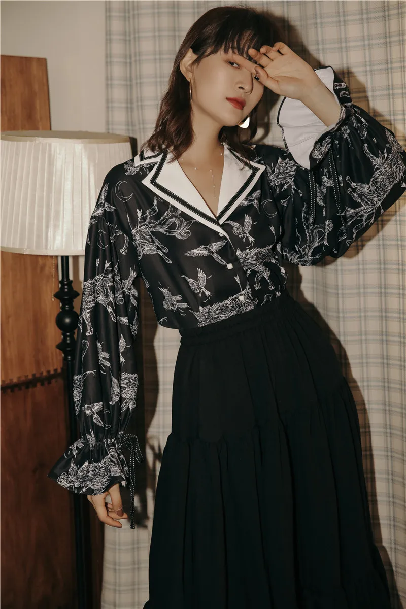 CHEERART дизайнерская винтажная блузка с длинным рукавом, женская рубашка с животным принтом, рубашка с расклешенными рукавами и воротником, Женский Топ