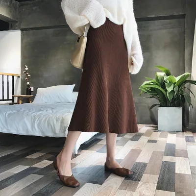 Новинка Осень Зима вязаная длинная юбка женская винтажная пачка юбки женские Теплые повседневные плиссированные faldas femme черный кофе
