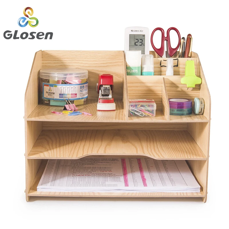 

Wooden File Tray with Compartment Storage Box Desktop Office Multi-function Combination DIY File Holder File Basket D2065 Glosen