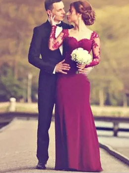 

Evening Dress Mermaid Square Sweep Train Long Sleeves Burgundy with Appliques Formal Prom Dress Party Gown