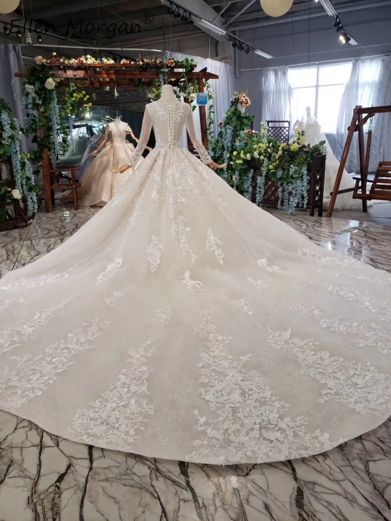 Vestidos De Novia Бальные платья цвета слоновой кости с длинными рукавами для невесты Новые свадебные платья с вырезом лодочкой и кружевной аппликацией из бисера