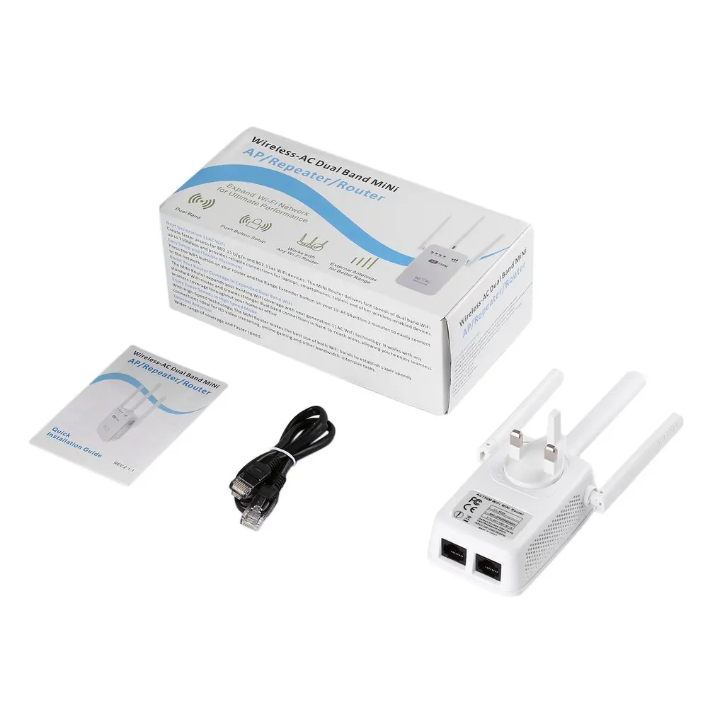 

White Wireless-AC 750Mbp Dual Band Mini AP/Repeater/Router Three Antennas US EU UK Detachable Plug Wall-mounted Design