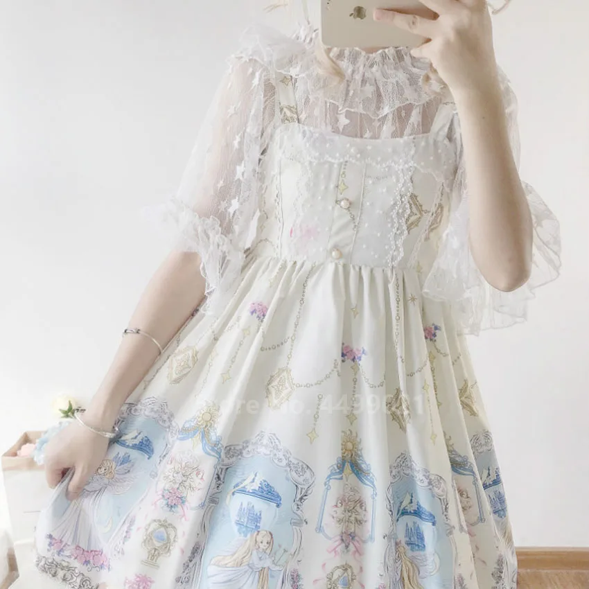 Женское платье в стиле Лолиты, плиссированное, кружевное, с принтом, Kawaii JSK OP, Тюлевое, жемчужное, мягкое, для сестры, коллаж, стильные, милые, чайные, вечерние, юбки