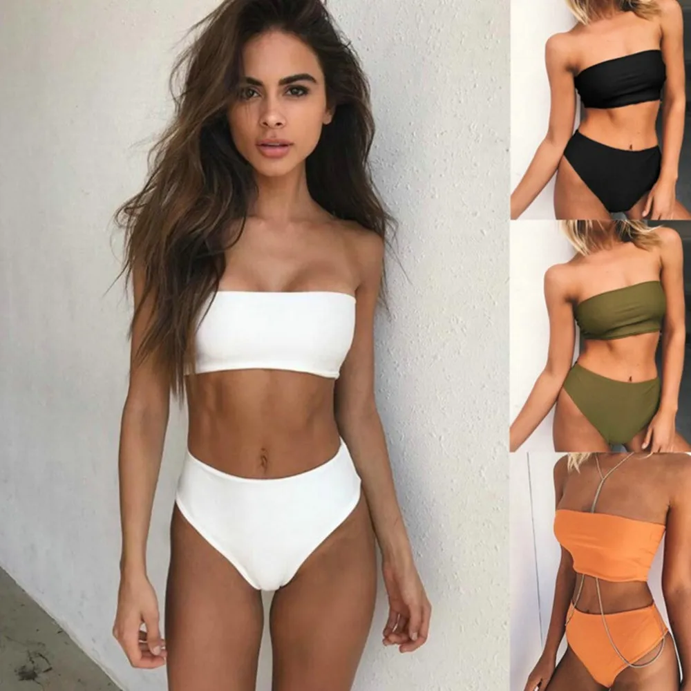 

5 Colours Strapless Swimwear Women Solid High Waist Sexy Bikini Swimsuit Two Pieces Bathing Suit Popular Swimming Suit Beachwear