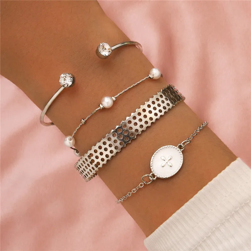 

LETAPI New Fashion Women Crystal Bracelets Multilayer Chain Simulated Pearl Silver Color Bracelet Set Party Jewelry Accessories