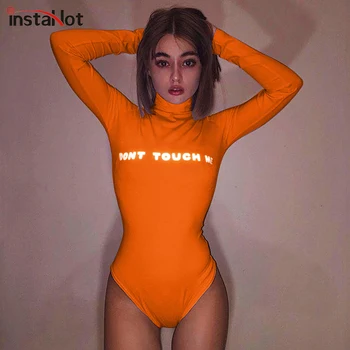 

InstaHot Cotton Turtleneck Bodysuit Letter Print Multicolor Women Long Sleeve Slim Fitted Tops Elastice Casual Autumn Sexy Body