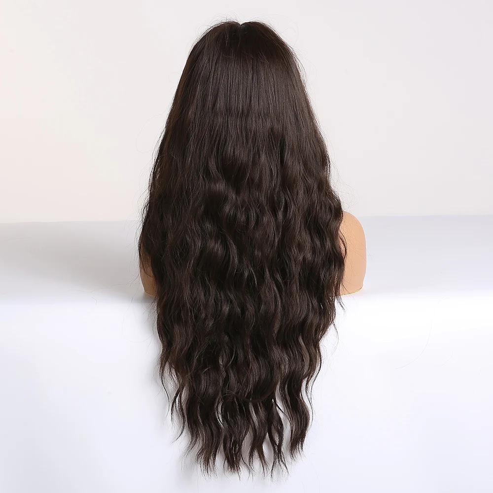 EASIHAIR Long Wave Dark Brown Synthetic Wigs for Women Cosplay Wigs With Bangs Heat Resistant Pink Wigs High Temperature Fiber