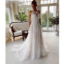 

A-Line Wedding Dresses Custom Made Elegant For Women Ivory Lace Floor-Length Chapel Train Halter Sleeveless Bridal Gowns