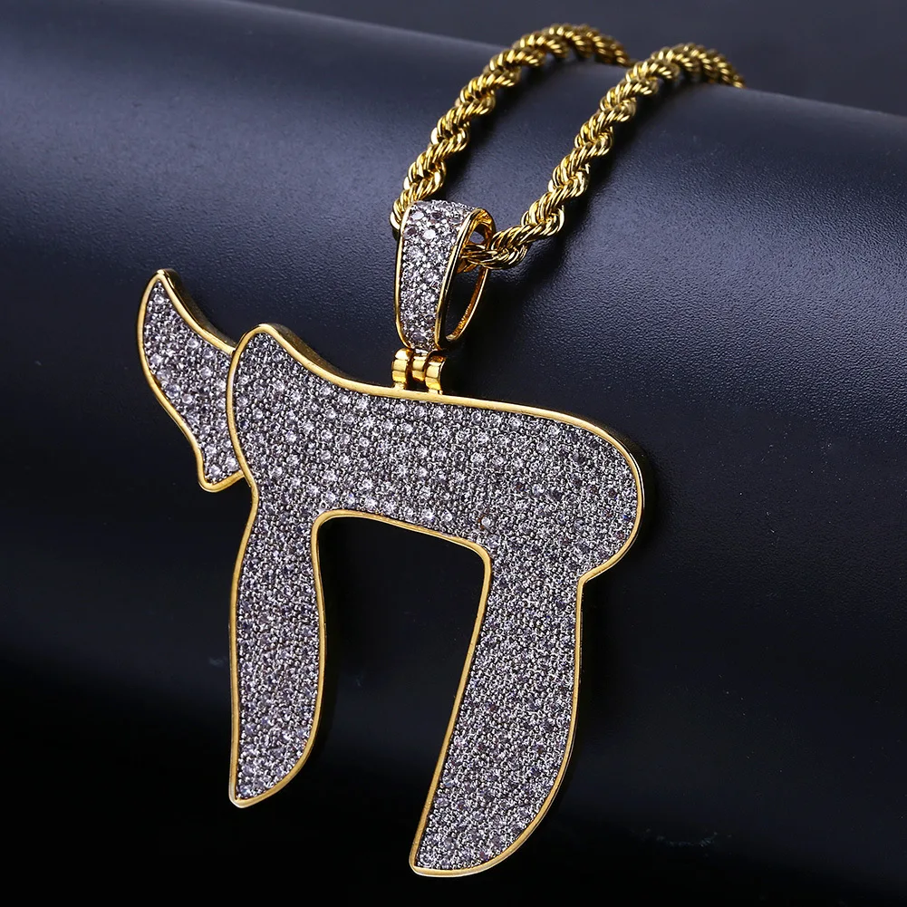 

Europe And America New Style Religious Symbol Chai MEN'S Necklace Hiphop Hip Hop Micro Pave Gold Plated Pendant Cross Border