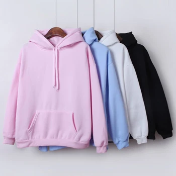 

2019 New Social Harajuku Hoodies For Girls Solid Color Hooded Tops Women's Sweatshirt Long-sleeved Winter Velvet Thickening Coat