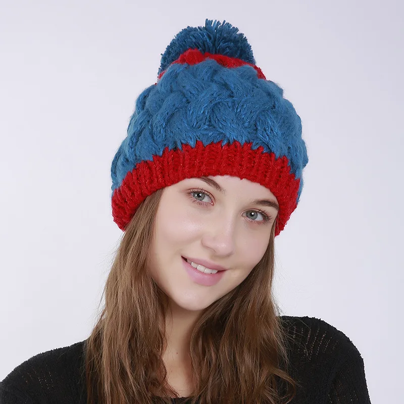 

Autumn & Winter New Style Double Color Joint Yarn Girl's Cap Entirely Handmade Bamboo Weaving Large Yarn Ball Knitted Thermal Be