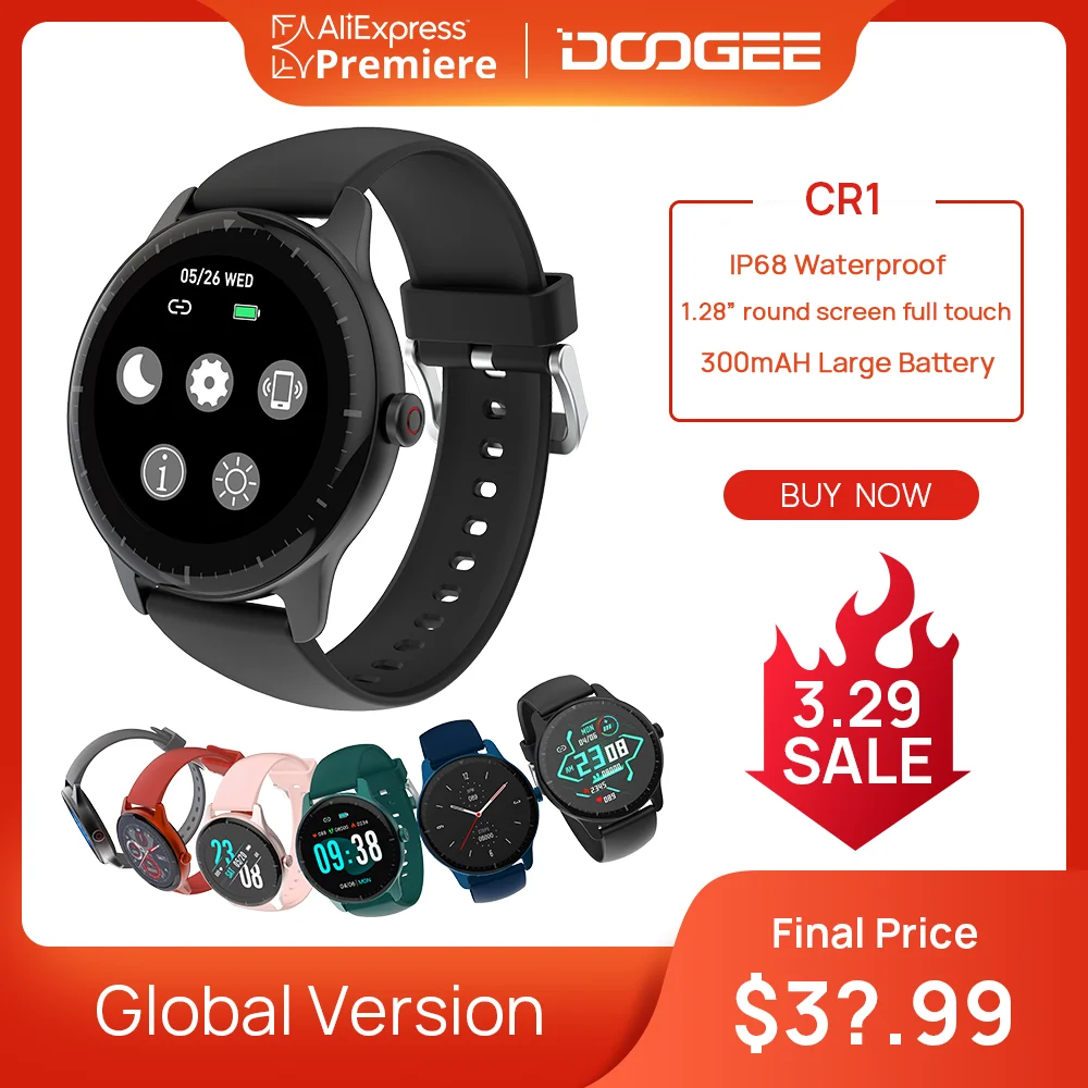 US $103.30 DOOGEE CR1 Smart Watch IP68 Waterproof Bluetooth 50 Sleep Monitor Fitness Heart Rate Tracker SmartWatch Android IOS
