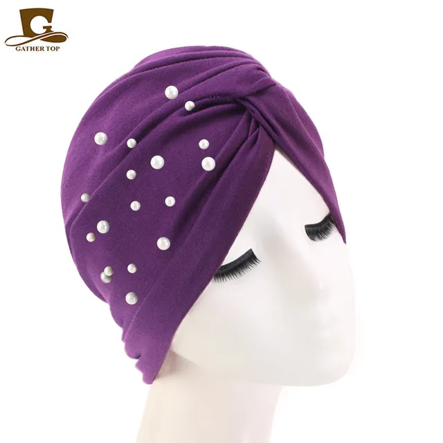 New Muslim Women Pearl Beading Elastic Turban Hat Cancer Cap Head Wrap cotton twist Chemo Cap Beanie Hijab Caps Headwear purple with bead
