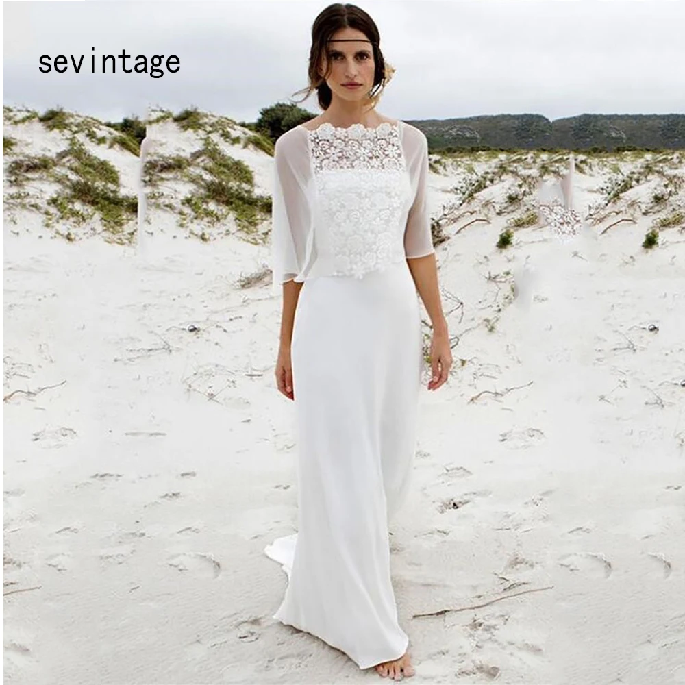 

sevintage Two Pieces Wedding Gowns Chiffon Half Sleeves Wedding Dress Boho vestido noiva Bridal Gowns Bride Dress brautkleid