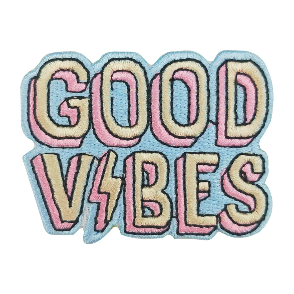 10 Pcs Good Vibes Letters Embroidered Patches Cute Funny Tags Customized Iron on Sewing for DIY Clothing Accessory Free Shipping