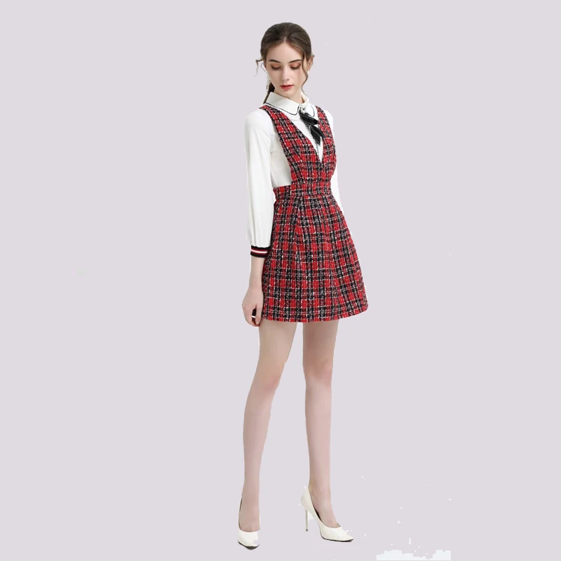 

Designer autumn dress women Nine points sleeve Lapel bow camisa Fake two pieces Red plaid mini dress moda feminina short