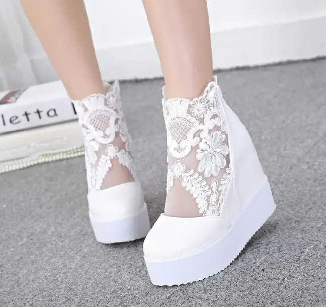 Black Hollow high heel Fashion Sweet Lace Roman Shoes Women Wedge Heels White Platform Pumps High Heels Non-slip thick bottom