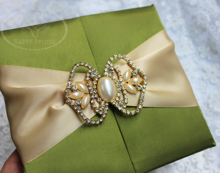 HI2003-46 Custom Spring Green Silk Wedding Invitation with Champagne Ribbon & Gold Brooch More Colors Available Factory Price