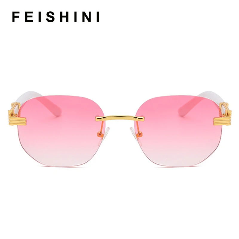 

FEISHINI Latest European Popular Luxury Brands Oval Sunglasses Women Vintage Pink Gradient lens High Quality Eye glasses Rimless