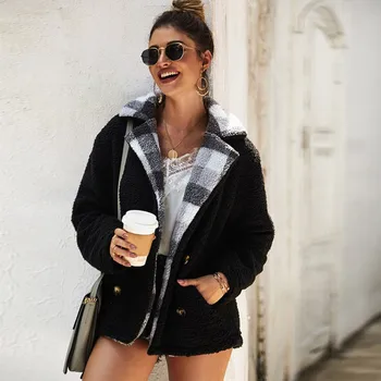 

Thickening Warm Jacket Women Winter 2019 Plaid Print Button Lapel Casual Pocket Stitching Cashmere Wool Coats