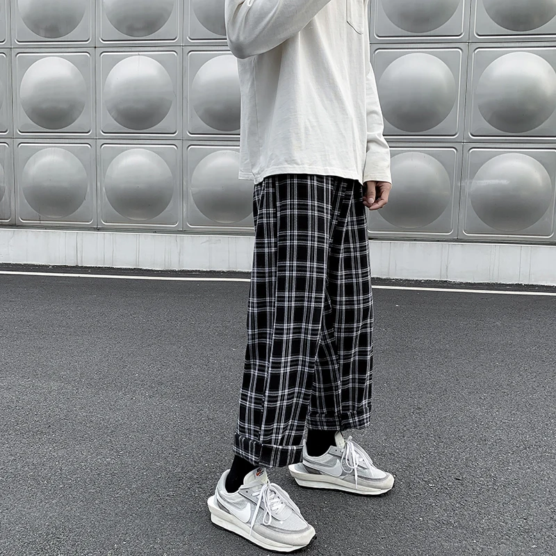 Casual Pants Men Straight Harajuku Streetwear Korean Style Plaid Ankle-length Elastic Waist Students Trousers All-match Retro Casual Pants