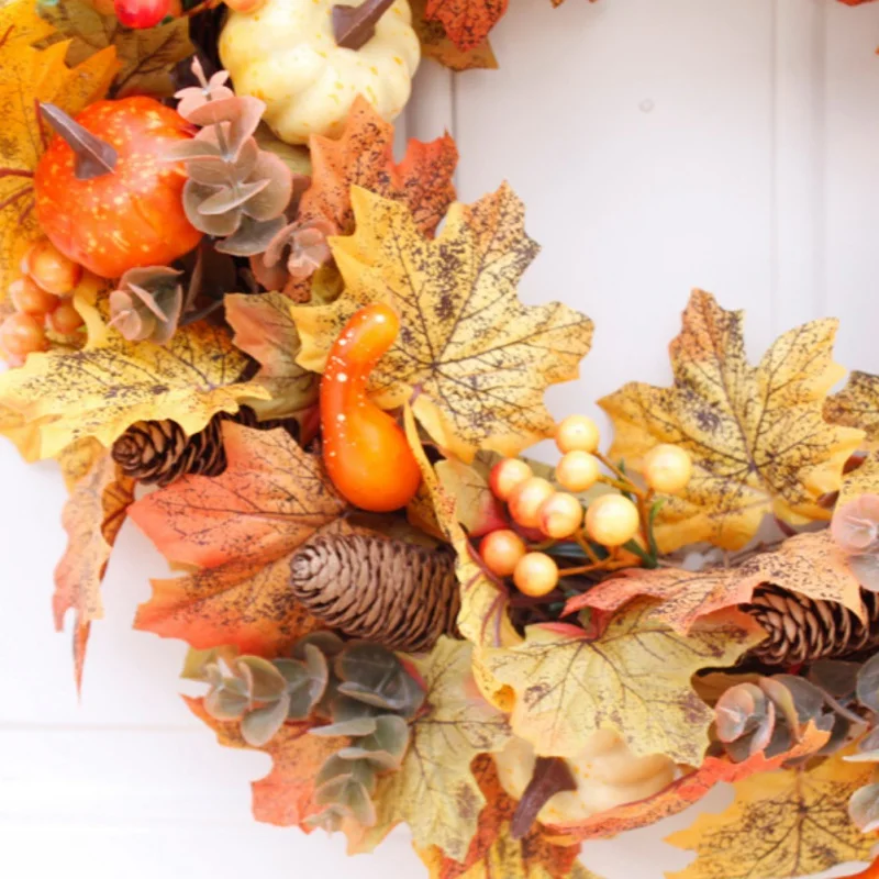 

Artificial Wreath Garland Rattan Frame With Pumpkin, Berries, Pine Cone And Maple Leaves Halloween Thanksgiving Holiday Decor