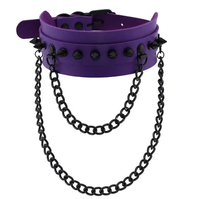 Gothic  Spike Choker Chain Collar Gothic Fashion Rivet black Leather Chokers Harajuku Grunge Goth necklace girls witch cosplay purple